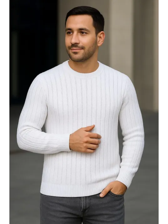 Erkek Bisiklet Yuvarlak Yaka Triko Kazak Pamuklu Kalın Fitilli Dokuma, Regular Fit Uzun Kollu Kışlık Model - Beyaz Erkek Bisiklet Yuvarlak Yaka Triko Kazak Pamuklu Kalın Fitilli Dokuma, Regular Fit Uzun Kollu Kışlık Model - Beyaz