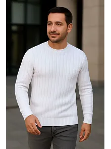 Erkek Bisiklet Yuvarlak Yaka Triko Kazak Pamuklu Kalın Fitilli Dokuma, Regular Fit Uzun Kollu Kışlık Model - Beyaz