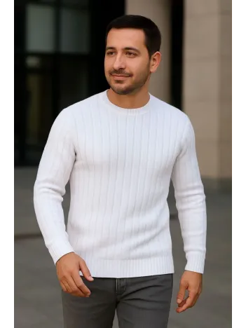 Erkek Bisiklet Yuvarlak Yaka Triko Kazak Pamuklu Kalın Fitilli Dokuma, Regular Fit Uzun Kollu Kışlık Model - Beyaz