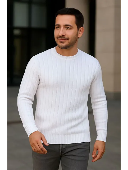 Erkek Bisiklet Yuvarlak Yaka Triko Kazak Pamuklu Kalın Fitilli Dokuma, Regular Fit Uzun Kollu Kışlık Model - Beyaz