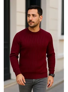 Erkek Bisiklet Yuvarlak Yaka Triko Kazak Pamuklu Kalın Fitilli Dokuma, Regular Fit Uzun Kollu Kışlık Model - Bordo