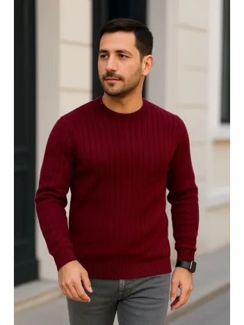 Erkek Bisiklet Yuvarlak Yaka Triko Kazak Pamuklu Kalın Fitilli Dokuma, Regular Fit Uzun Kollu Kışlık Model - Bordo