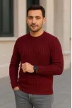 Erkek Bisiklet Yuvarlak Yaka Triko Kazak Pamuklu Kalın Fitilli Dokuma, Regular Fit Uzun Kollu Kışlık Model - Bordo
