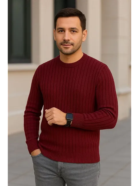 Erkek Bisiklet Yuvarlak Yaka Triko Kazak Pamuklu Kalın Fitilli Dokuma, Regular Fit Uzun Kollu Kışlık Model - Bordo
