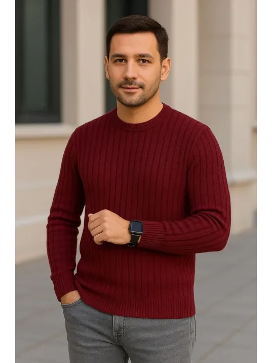 Erkek Bisiklet Yuvarlak Yaka Triko Kazak Pamuklu Kalın Fitilli Dokuma, Regular Fit Uzun Kollu Kışlık Model - Bordo Erkek Bisiklet Yuvarlak Yaka Triko Kazak Pamuklu Kalın Fitilli Dokuma, Regular Fit Uzun Kollu Kışlık Model - Bordo