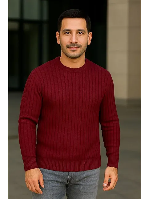 Erkek Bisiklet Yuvarlak Yaka Triko Kazak Pamuklu Kalın Fitilli Dokuma, Regular Fit Uzun Kollu Kışlık Model - Bordo