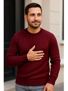 Erkek Bisiklet Yuvarlak Yaka Triko Kazak Pamuklu Kalın Fitilli Dokuma, Regular Fit Uzun Kollu Kışlık Model - Bordo