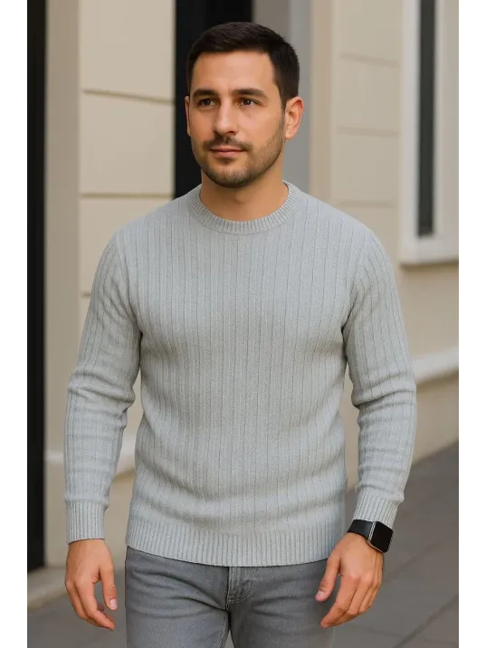 Erkek Bisiklet Yuvarlak Yaka Triko Kazak Pamuklu Kalın Fitilli Dokuma, Regular Fit Uzun Kollu Kışlık Model - Gri Erkek Bisiklet Yuvarlak Yaka Triko Kazak Pamuklu Kalın Fitilli Dokuma, Regular Fit Uzun Kollu Kışlık Model - Gri