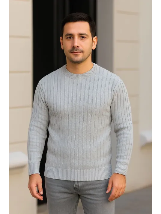 Erkek Bisiklet Yuvarlak Yaka Triko Kazak Pamuklu Kalın Fitilli Dokuma, Regular Fit Uzun Kollu Kışlık Model - Gri Erkek Bisiklet Yuvarlak Yaka Triko Kazak Pamuklu Kalın Fitilli Dokuma, Regular Fit Uzun Kollu Kışlık Model - Gri