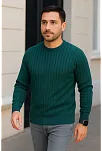 Erkek Bisiklet Yuvarlak Yaka Triko Kazak Pamuklu Kalın Fitilli Dokuma, Regular Fit Uzun Kollu Kışlık Model - Haki