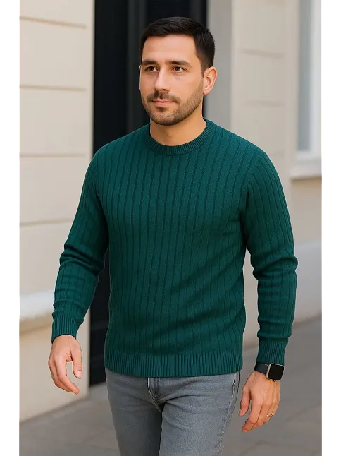 Erkek Bisiklet Yuvarlak Yaka Triko Kazak Pamuklu Kalın Fitilli Dokuma, Regular Fit Uzun Kollu Kışlık Model - Haki