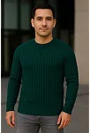 Erkek Bisiklet Yuvarlak Yaka Triko Kazak Pamuklu Kalın Fitilli Dokuma, Regular Fit Uzun Kollu Kışlık Model - Haki