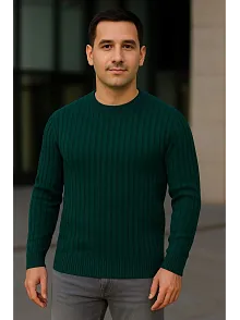 Erkek Bisiklet Yuvarlak Yaka Triko Kazak Pamuklu Kalın Fitilli Dokuma, Regular Fit Uzun Kollu Kışlık Model - Haki
