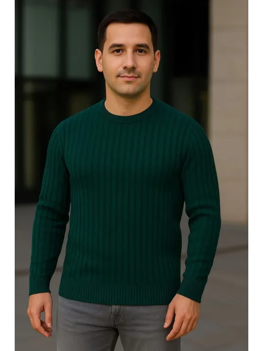 Erkek Bisiklet Yuvarlak Yaka Triko Kazak Pamuklu Kalın Fitilli Dokuma, Regular Fit Uzun Kollu Kışlık Model - Haki Erkek Bisiklet Yuvarlak Yaka Triko Kazak Pamuklu Kalın Fitilli Dokuma, Regular Fit Uzun Kollu Kışlık Model - Haki