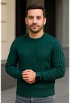 Erkek Bisiklet Yuvarlak Yaka Triko Kazak Pamuklu Kalın Fitilli Dokuma, Regular Fit Uzun Kollu Kışlık Model - Haki