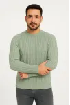 Erkek Bisiklet Yuvarlak Yaka Triko Kazak Pamuklu Kalın Fitilli Dokuma, Regular Fit Uzun Kollu Kışlık Model - Mint Yeşili