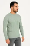 Erkek Bisiklet Yuvarlak Yaka Triko Kazak Pamuklu Kalın Fitilli Dokuma, Regular Fit Uzun Kollu Kışlık Model - Mint Yeşili