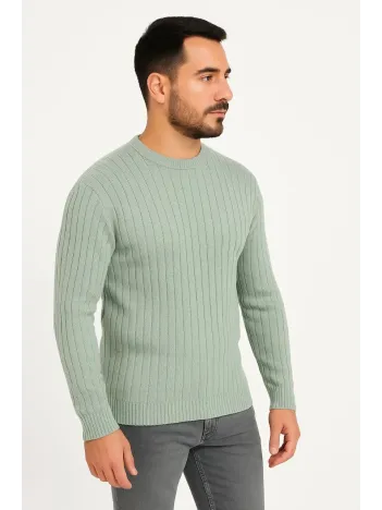 Erkek Bisiklet Yuvarlak Yaka Triko Kazak Pamuklu Kalın Fitilli Dokuma, Regular Fit Uzun Kollu Kışlık Model - Mint Yeşili