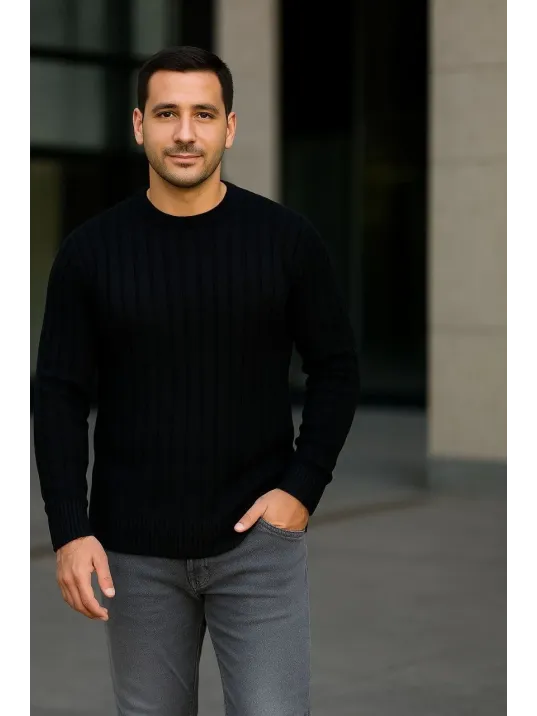 Erkek Bisiklet Yuvarlak Yaka Triko Kazak Pamuklu Kalın Fitilli Dokuma, Regular Fit Uzun Kollu Kışlık Model - Siyah Erkek Bisiklet Yuvarlak Yaka Triko Kazak Pamuklu Kalın Fitilli Dokuma, Regular Fit Uzun Kollu Kışlık Model - Siyah