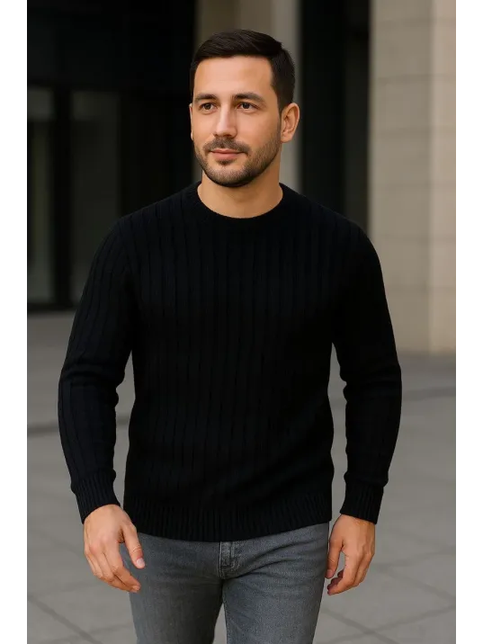 Erkek Bisiklet Yuvarlak Yaka Triko Kazak Pamuklu Kalın Fitilli Dokuma, Regular Fit Uzun Kollu Kışlık Model - Siyah Erkek Bisiklet Yuvarlak Yaka Triko Kazak Pamuklu Kalın Fitilli Dokuma, Regular Fit Uzun Kollu Kışlık Model - Siyah