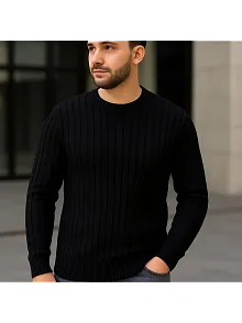 Erkek Bisiklet Yuvarlak Yaka Triko Kazak Pamuklu Kalın Fitilli Dokuma, Regular Fit Uzun Kollu Kışlık Model - Siyah