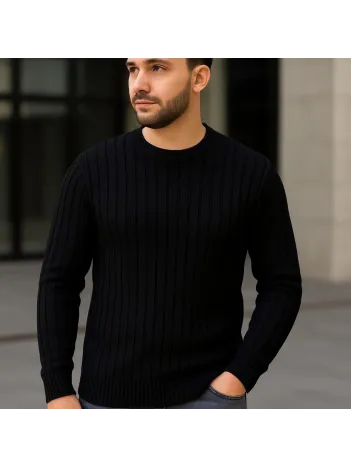 Erkek Bisiklet Yuvarlak Yaka Triko Kazak Pamuklu Kalın Fitilli Dokuma, Regular Fit Uzun Kollu Kışlık Model - Siyah Erkek Bisiklet Yuvarlak Yaka Triko Kazak Pamuklu Kalın Fitilli Dokuma, Regular Fit Uzun Kollu Kışlık Model - Siyah