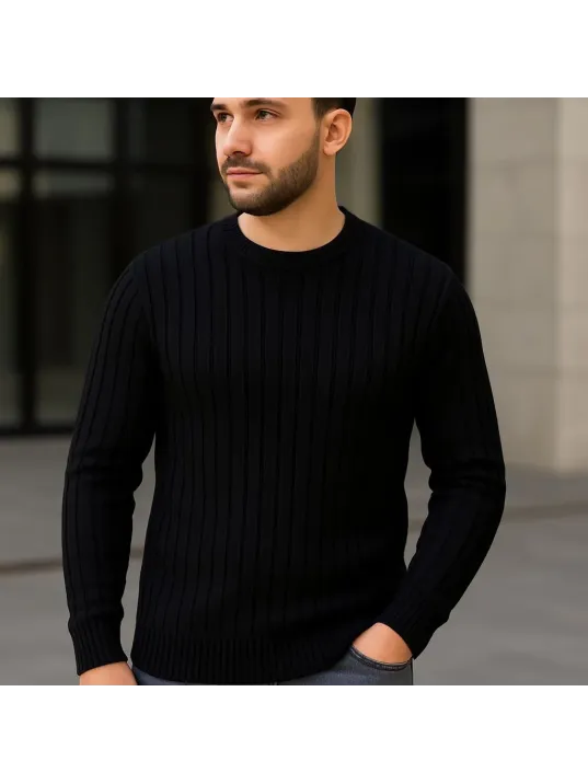 Erkek Bisiklet Yuvarlak Yaka Triko Kazak Pamuklu Kalın Fitilli Dokuma, Regular Fit Uzun Kollu Kışlık Model - Siyah Erkek Bisiklet Yuvarlak Yaka Triko Kazak Pamuklu Kalın Fitilli Dokuma, Regular Fit Uzun Kollu Kışlık Model - Siyah