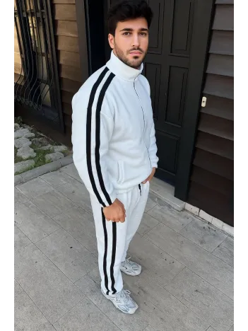 Erkek Çift Şeritli Eşofman Takım Dik Yaka Fermuarlı Sweatshirt Boru Paça Alt, Oversize 3 iplik Pamuklu - Beyaz
