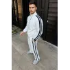 Erkek Çift Şeritli Eşofman Takım Dik Yaka Fermuarlı Sweatshirt Boru Paça Alt, Oversize 3 iplik Pamuklu - Beyaz
