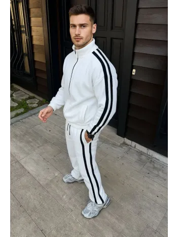 Erkek Çift Şeritli Eşofman Takım Dik Yaka Fermuarlı Sweatshirt Boru Paça Alt, Oversize 3 iplik Pamuklu - Beyaz
