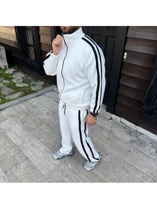 Erkek Çift Şeritli Eşofman Takım Dik Yaka Fermuarlı Sweatshirt Boru Paça Alt, Oversize 3 iplik Pamuklu - Beyaz