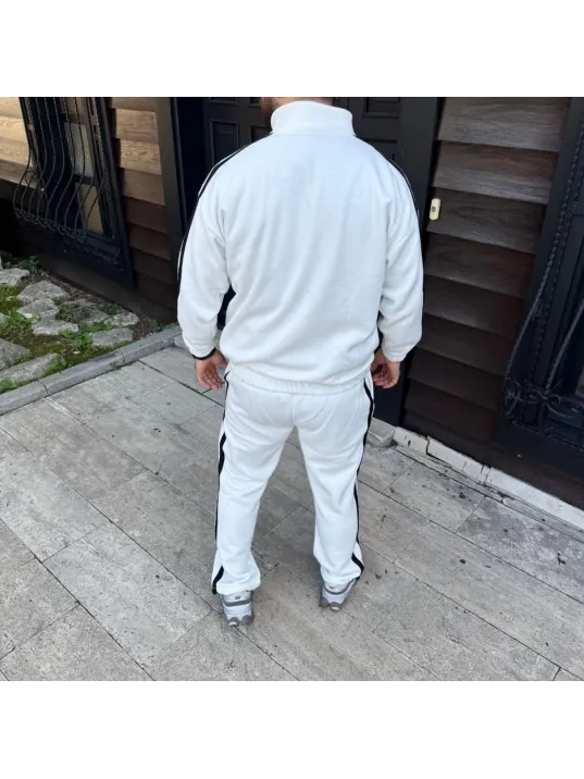Erkek Çift Şeritli Eşofman Takım Dik Yaka Fermuarlı Sweatshirt Boru Paça Alt, Oversize 3 iplik Pamuklu - Beyaz