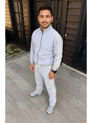 Erkek Çift Şeritli Eşofman Takım Dik Yaka Fermuarlı Sweatshirt Boru Paça Alt, Oversize 3 iplik Pamuklu - Gri