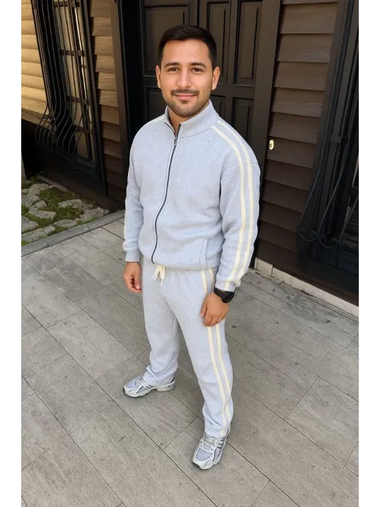 Erkek Çift Şeritli Eşofman Takım Dik Yaka Fermuarlı Sweatshirt Boru Paça Alt, Oversize 3 iplik Pamuklu - Gri