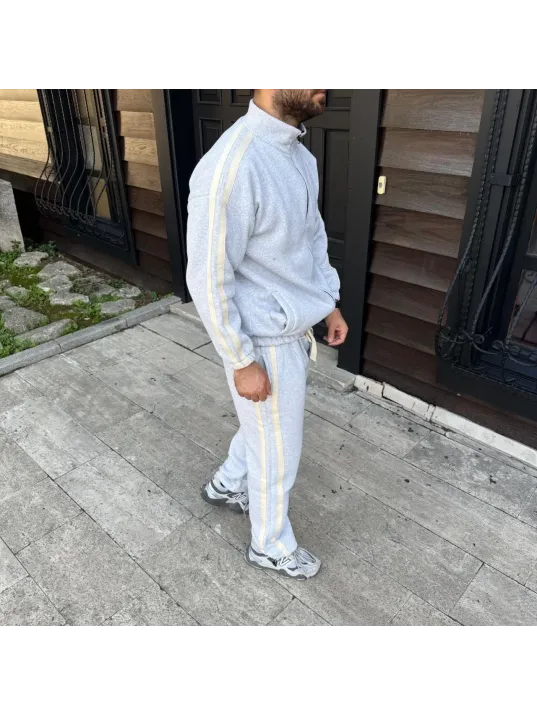 Erkek Çift Şeritli Eşofman Takım Dik Yaka Fermuarlı Sweatshirt Boru Paça Alt, Oversize 3 iplik Pamuklu - Gri