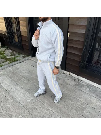 Erkek Çift Şeritli Eşofman Takım Dik Yaka Fermuarlı Sweatshirt Boru Paça Alt, Oversize 3 iplik Pamuklu - Gri