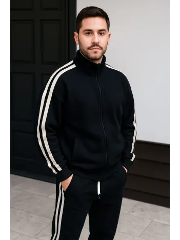 Erkek Çift Şeritli Eşofman Takım Dik Yaka Fermuarlı Sweatshirt Boru Paça Alt, Oversize 3 iplik Pamuklu - Siyah