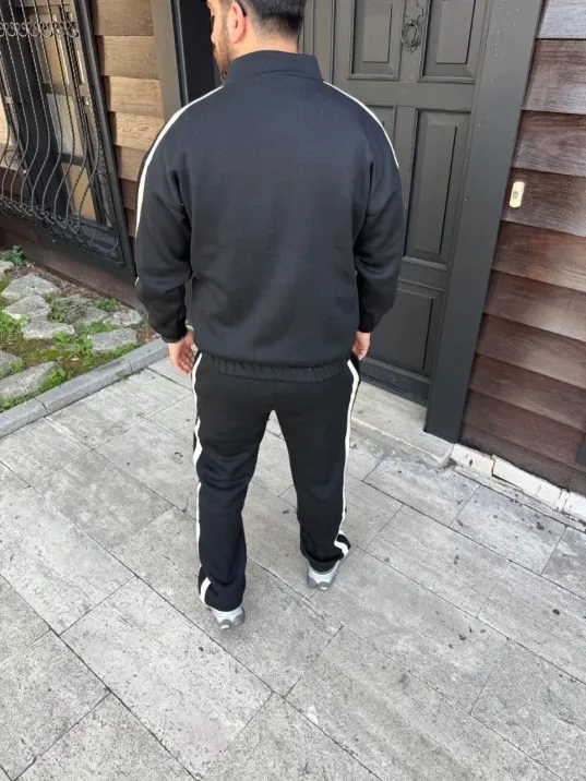 Erkek Çift Şeritli Eşofman Takım Dik Yaka Fermuarlı Sweatshirt Boru Paça Alt, Oversize 3 iplik Pamuklu - Siyah