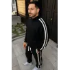 Erkek Çift Şeritli Eşofman Takım Dik Yaka Fermuarlı Sweatshirt Boru Paça Alt, Oversize 3 iplik Pamuklu - Siyah