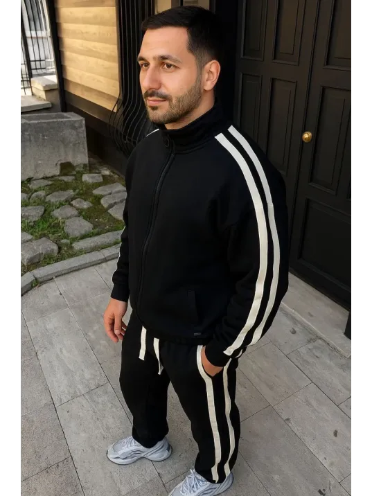 Erkek Çift Şeritli Eşofman Takım Dik Yaka Fermuarlı Sweatshirt Boru Paça Alt, Oversize 3 iplik Pamuklu - Siyah