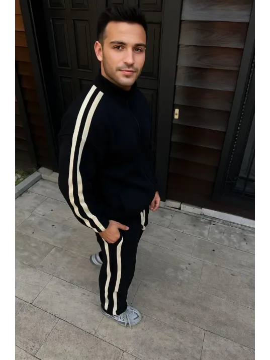 Erkek Çift Şeritli Eşofman Takım Dik Yaka Fermuarlı Sweatshirt Boru Paça Alt, Oversize 3 iplik Pamuklu - Siyah
