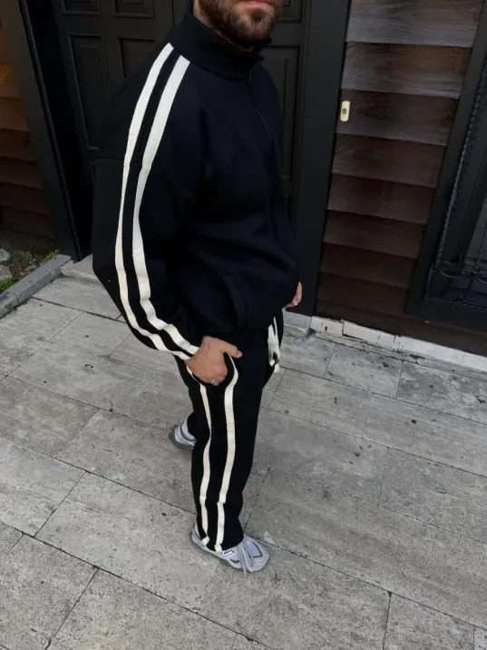 Erkek Çift Şeritli Eşofman Takım Dik Yaka Fermuarlı Sweatshirt Boru Paça Alt, Oversize 3 iplik Pamuklu - Siyah
