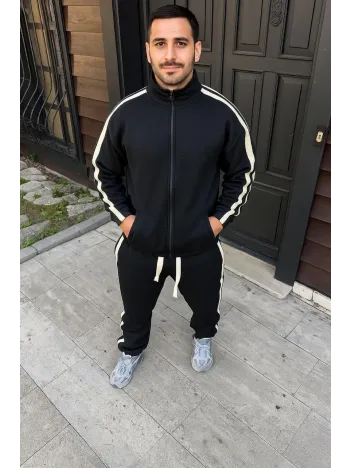 Erkek Çift Şeritli Eşofman Takım Dik Yaka Fermuarlı Sweatshirt Boru Paça Alt, Oversize 3 iplik Pamuklu - Siyah