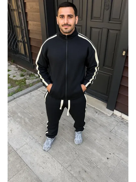 Erkek Çift Şeritli Eşofman Takım Dik Yaka Fermuarlı Sweatshirt Boru Paça Alt, Oversize 3 iplik Pamuklu - Siyah