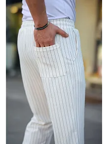 Erkek Cizgili Dokuma Krep Jogger Buggy Pantalon Rahat Kalıp - Beyaz
