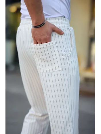 Erkek Cizgili Dokuma Krep Jogger Buggy Pantalon Rahat kalıp - Beyaz