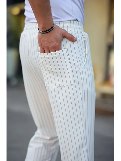 Erkek Cizgili Dokuma Krep Jogger Buggy Pantalon Rahat Kalıp - Beyaz