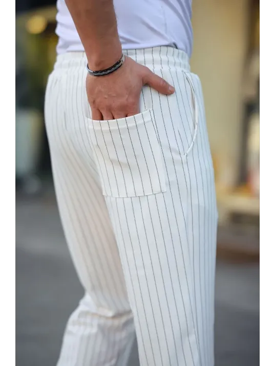 Erkek Cizgili Dokuma Krep Jogger Buggy Pantalon Rahat kalıp - Beyaz Erkek Cizgili Dokuma Krep Jogger Buggy Pantalon Rahat kalıp - Beyaz