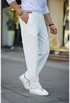 Erkek Cizgili Dokuma Krep Jogger Buggy Pantalon Rahat Kalıp - Beyaz