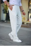 Erkek Cizgili Dokuma Krep Jogger Buggy Pantalon Rahat Kalıp - Beyaz